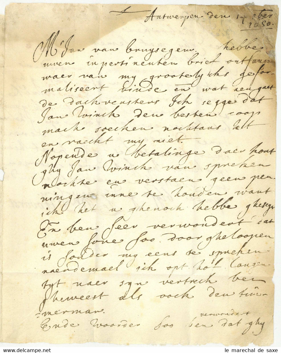 Anvers Antwerpen 1650 Baron D'Hovorst Pour Brussel Bruxelles - 1621-1713 (Países Bajos Españoles)