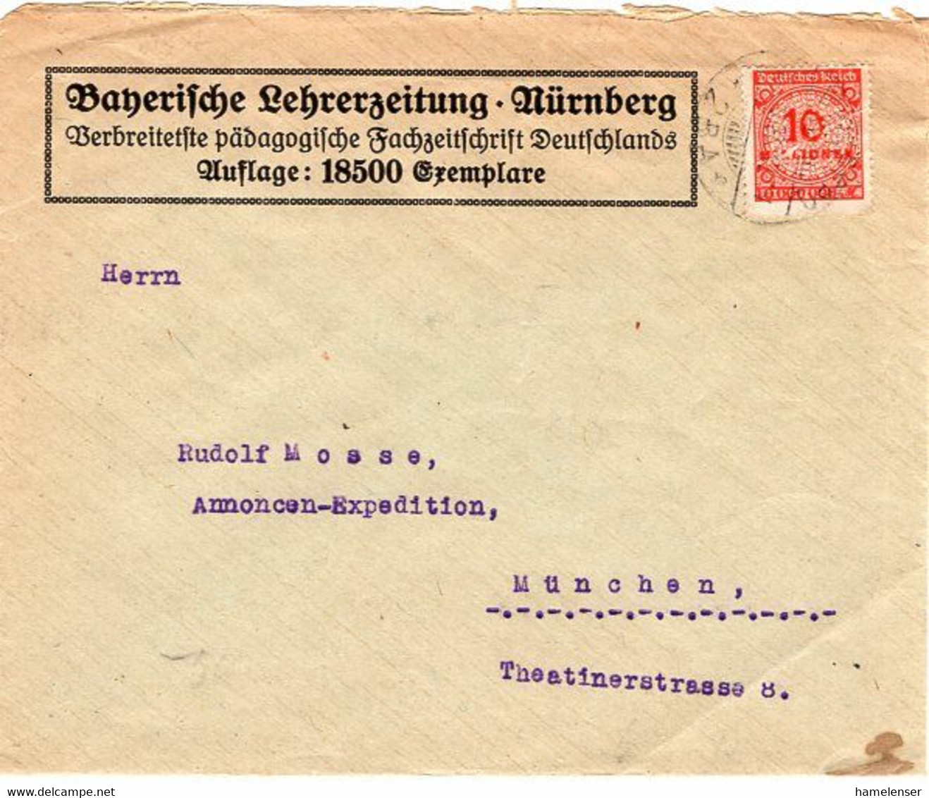 53197 - Deutsches Reich - 1923 - 10MioM (Lochung "W.T.") EF A Bf NUERNBERG -> Muenchen - Lettres & Documents