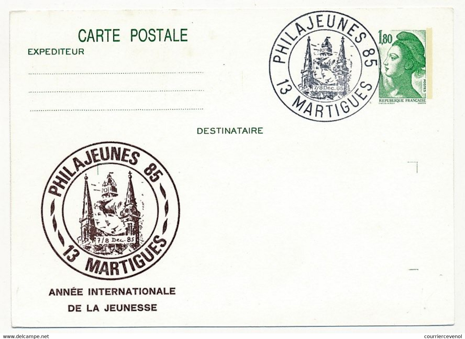 Entier Repiqué - 1,80 Liberté - "Philajeunes 85 Année Internationale De La Jeunesse" - 13 MARTIGUES - 7/8 Déc 1985 - Overprinter Postcards (before 1995)