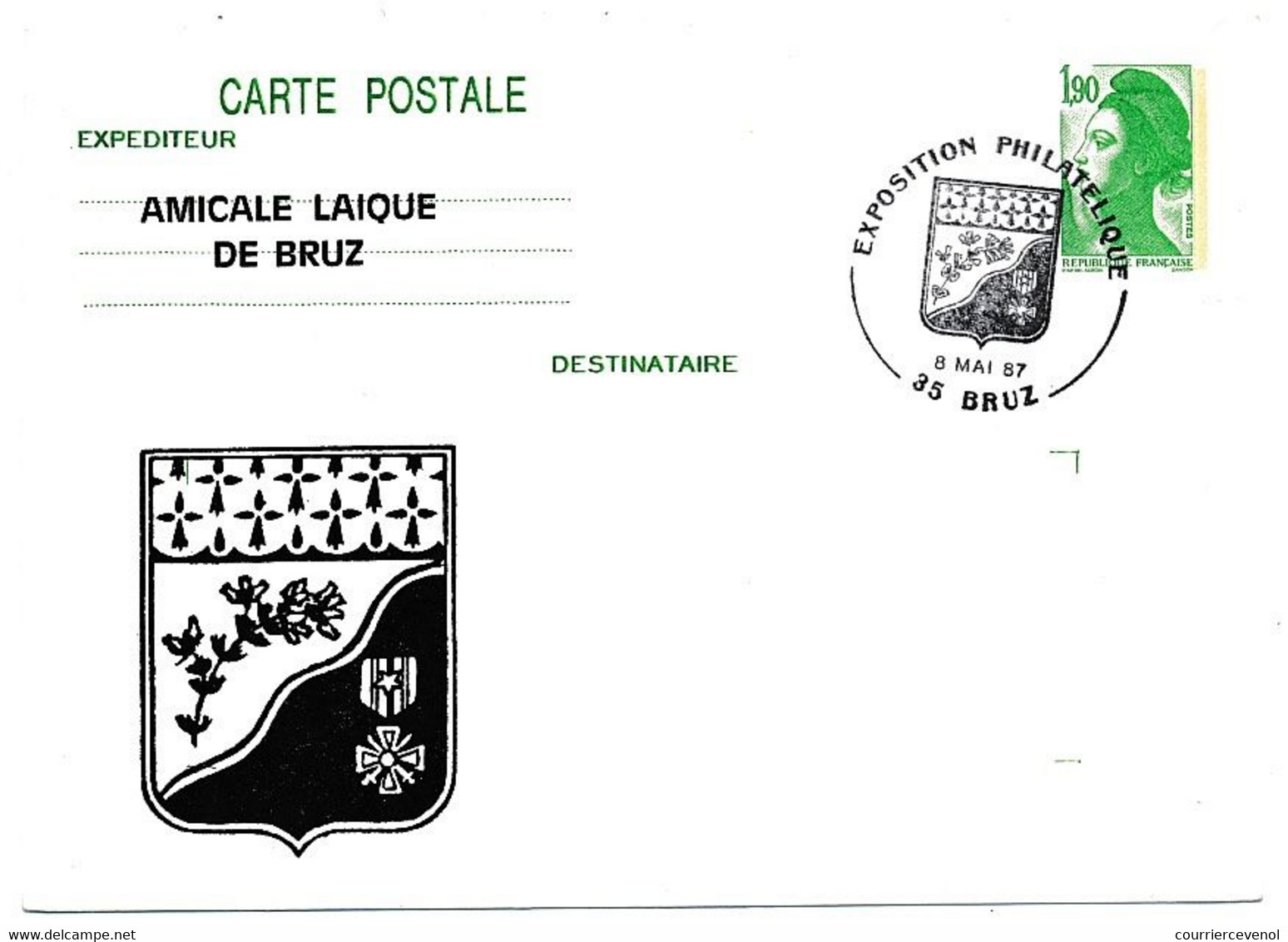 Entier Repiqué - 1,90 Liberté - Amicale Laique De Bruz - Exposition Philatélique - 35 BRUZ - 8 Mai 1987 - Postales  Transplantadas (antes 1995)