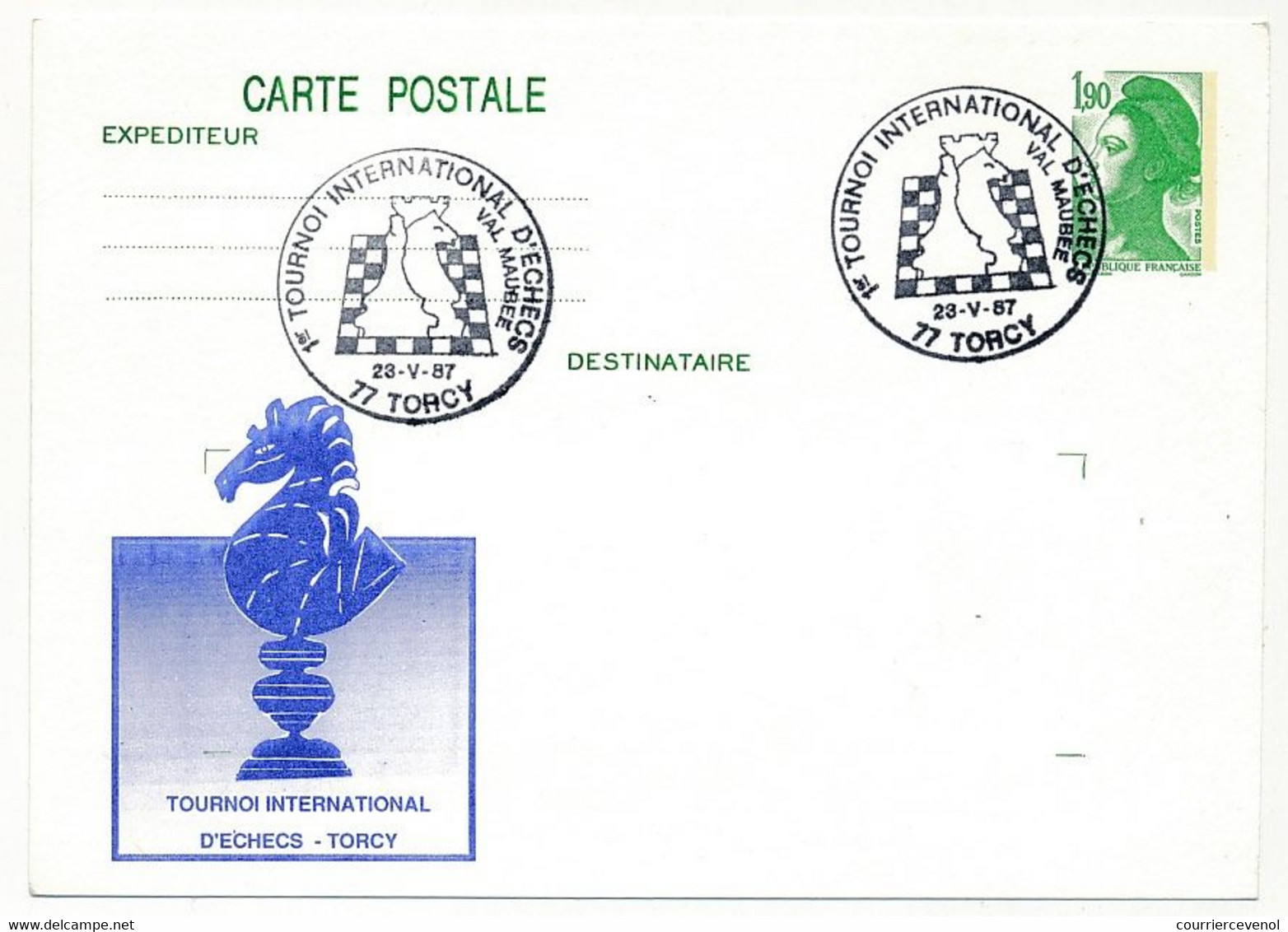 Entier Repiqué - 1,90 Liberté - 1er Tournoi International D'Echecs - 77 TORCY - 23/5/1987 - Bijgewerkte Postkaarten  (voor 1995)