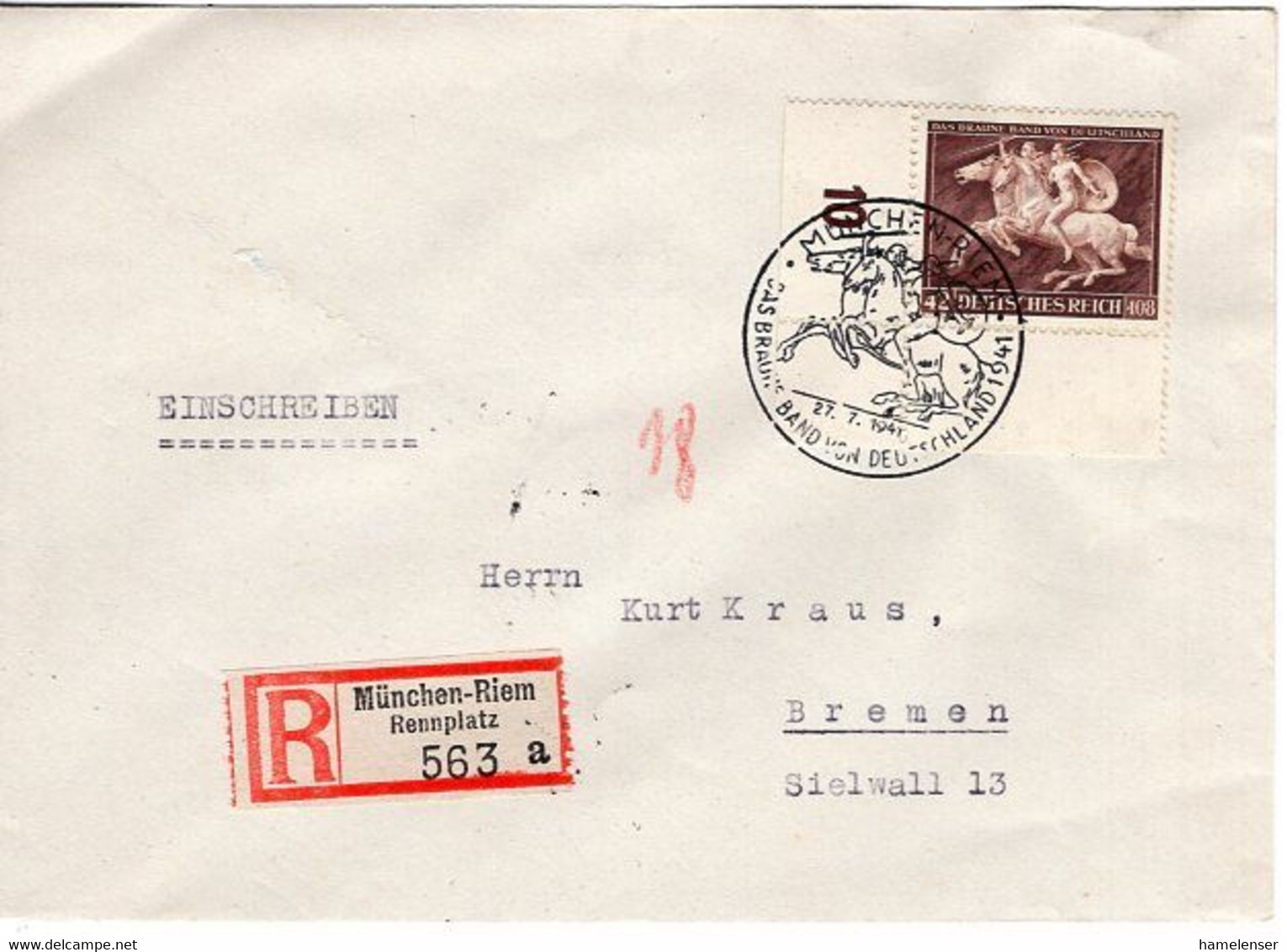 53555 - Deutsches Reich - 1942 - 42Pfg  Braunes Band '41 EF A R-Bf M SoStpl MUENCHEN - DAS BRAUNE BAND ... -> BREMEN - Paardensport