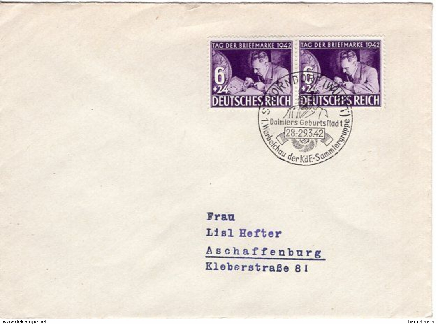 53561 - Deutsches Reich - 1942 - 2@6Pfg Tag Der Briefmarke A Bf SCHORNDORF - DAIMLERS GEBURTSSTADT ... -> Aschaffenburg - Voitures