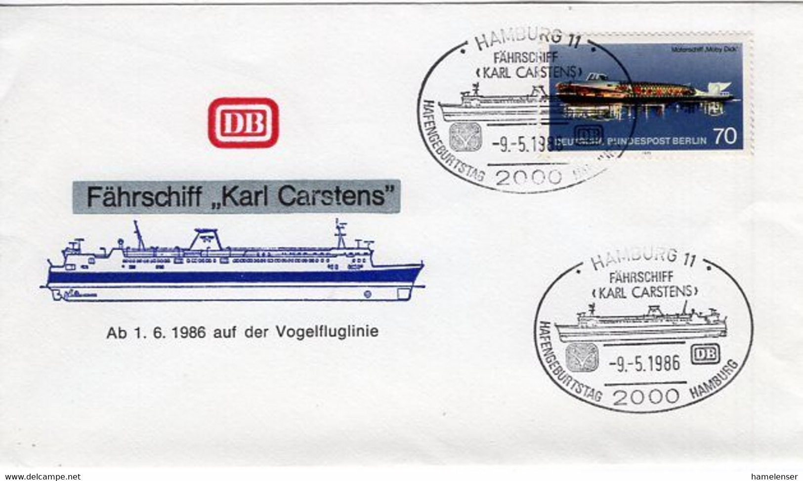 53563 - Berlin - 1986 - 70Pfg Moby Dick EF A Umschl M SoStpl HAMBURG - FAEHRSCHIFF 'KARL CARSTENS' - Ships