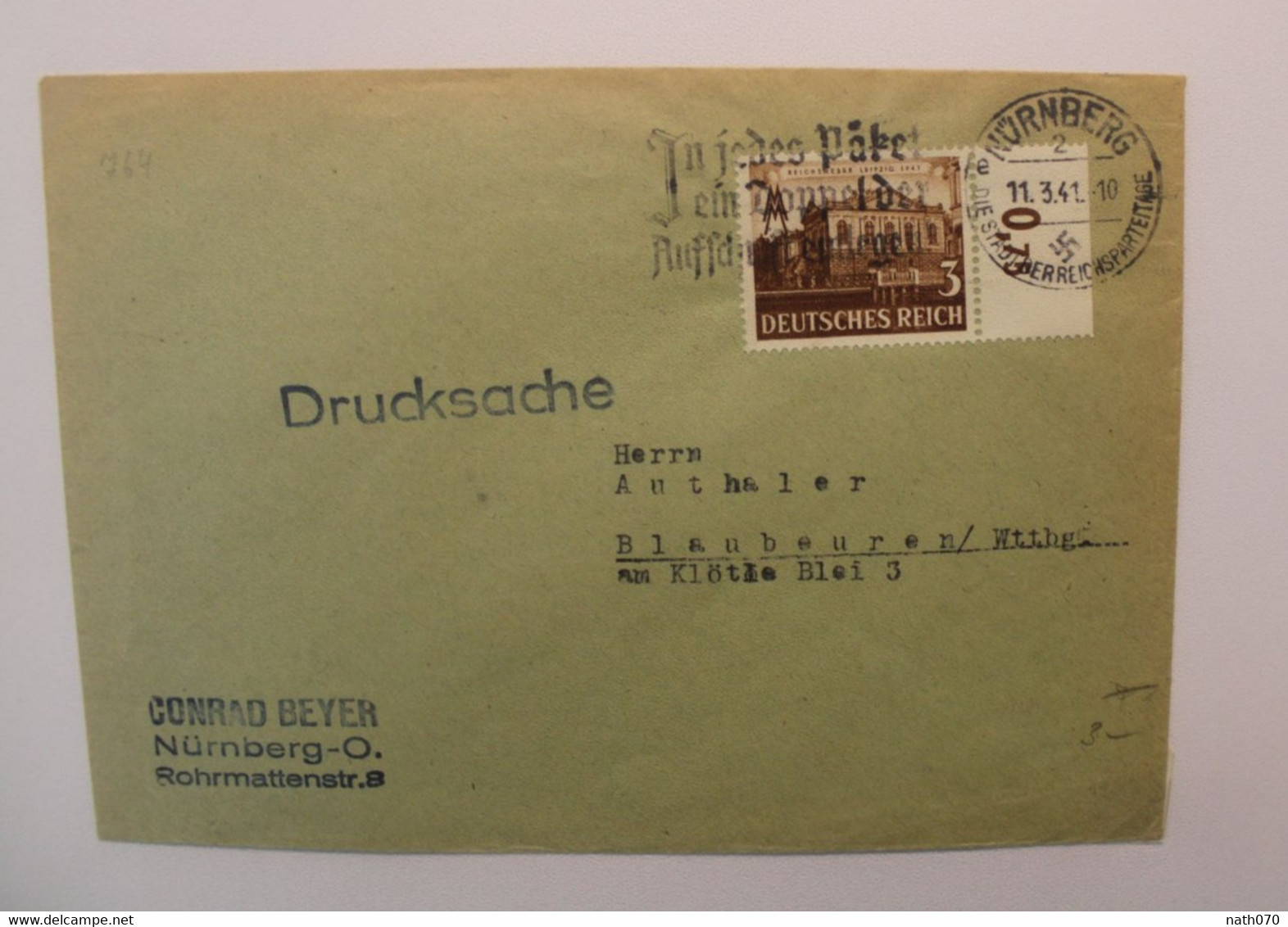 1941 Nürnberg Blaubeuren Drucksache Cover Dt Reich Wk2 Deutsches Reich Bord De Feuille Numéroté Mi 764 - Cartas & Documentos