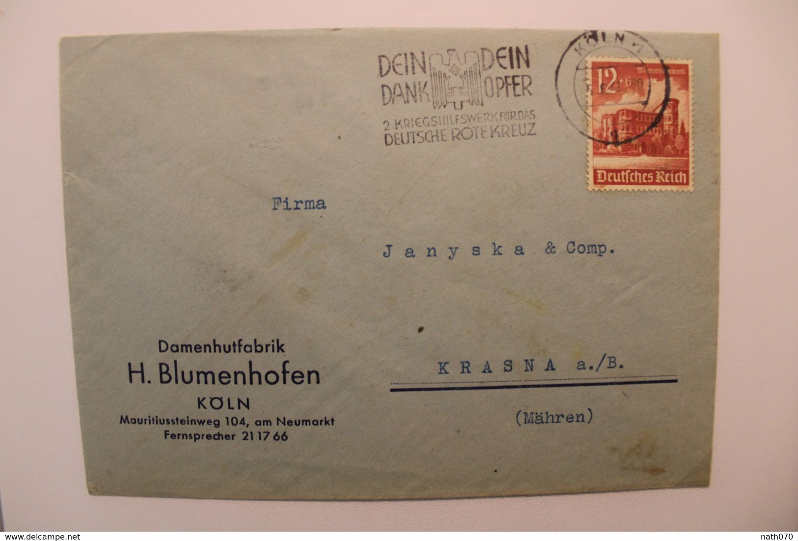 1941 Köln Krasna Poland Ostland Mähren Damenhutfabrik Cover Dt Reich Mi 756 Enveloppe Publicité Pub - Cartas & Documentos