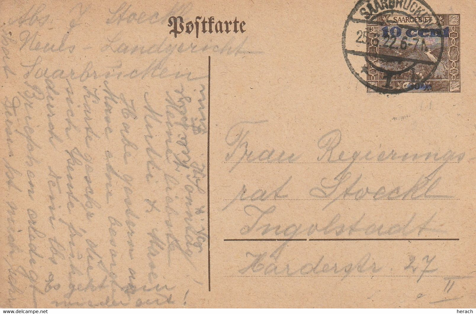 Sarre Entier Postal Saarbrücken 1922 - Postal Stationery