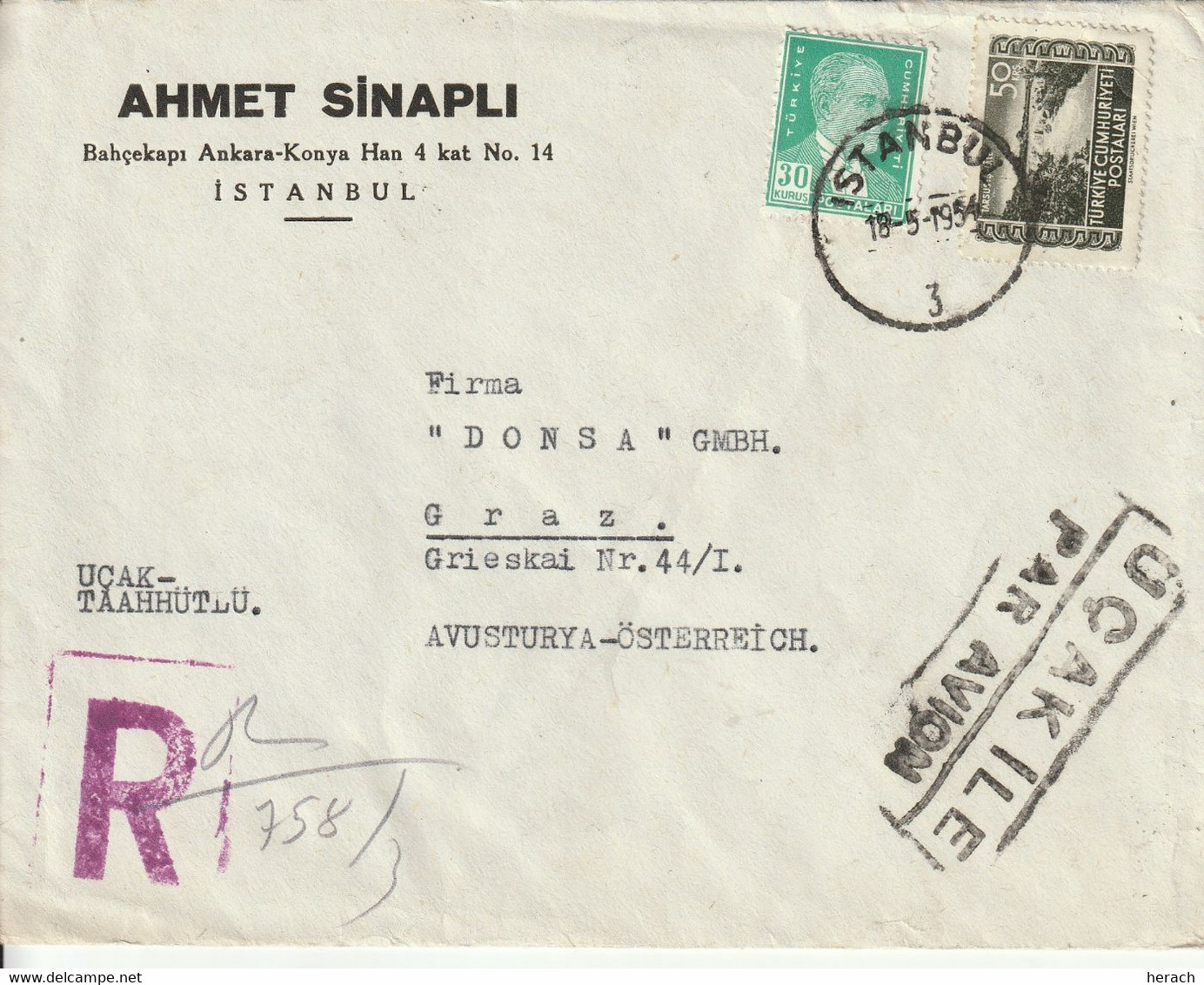 Turquie Lettre Recommandée Par Avion Istanbul Pour L'Autriche 1954 - Covers & Documents