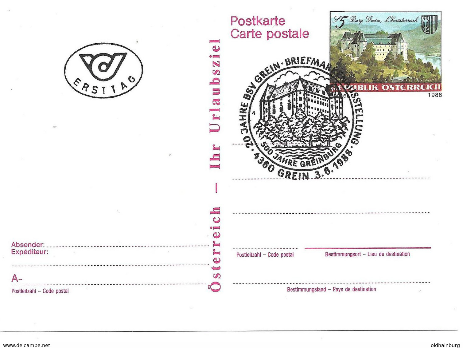 2162a: Österreich 1988: Postkarte ANK 391, Burg Grein, FDC- Stempel 4360 Grein (ANK 17.- €) - Grein