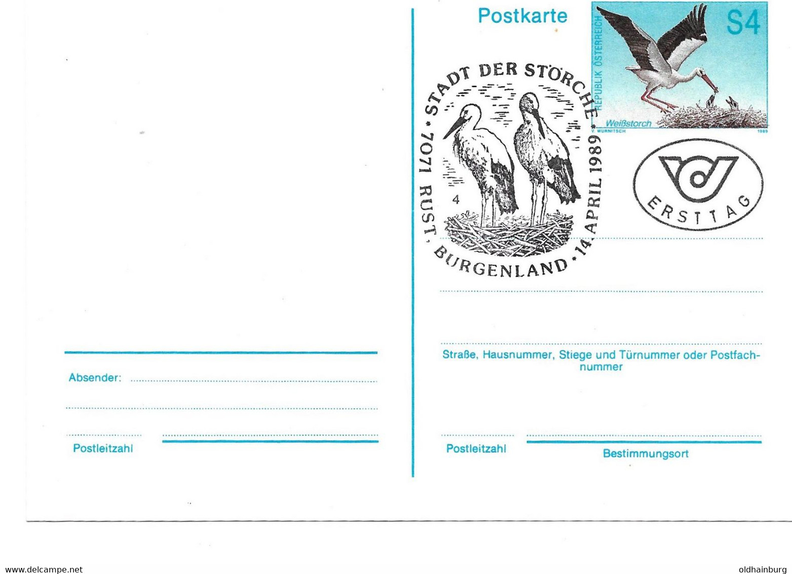 2162c: Österreich 1989: Postkarte ANK 393, Storch, FDC- Stempel 7071 Rust (ANK 20.- €) - Neusiedlerseeorte