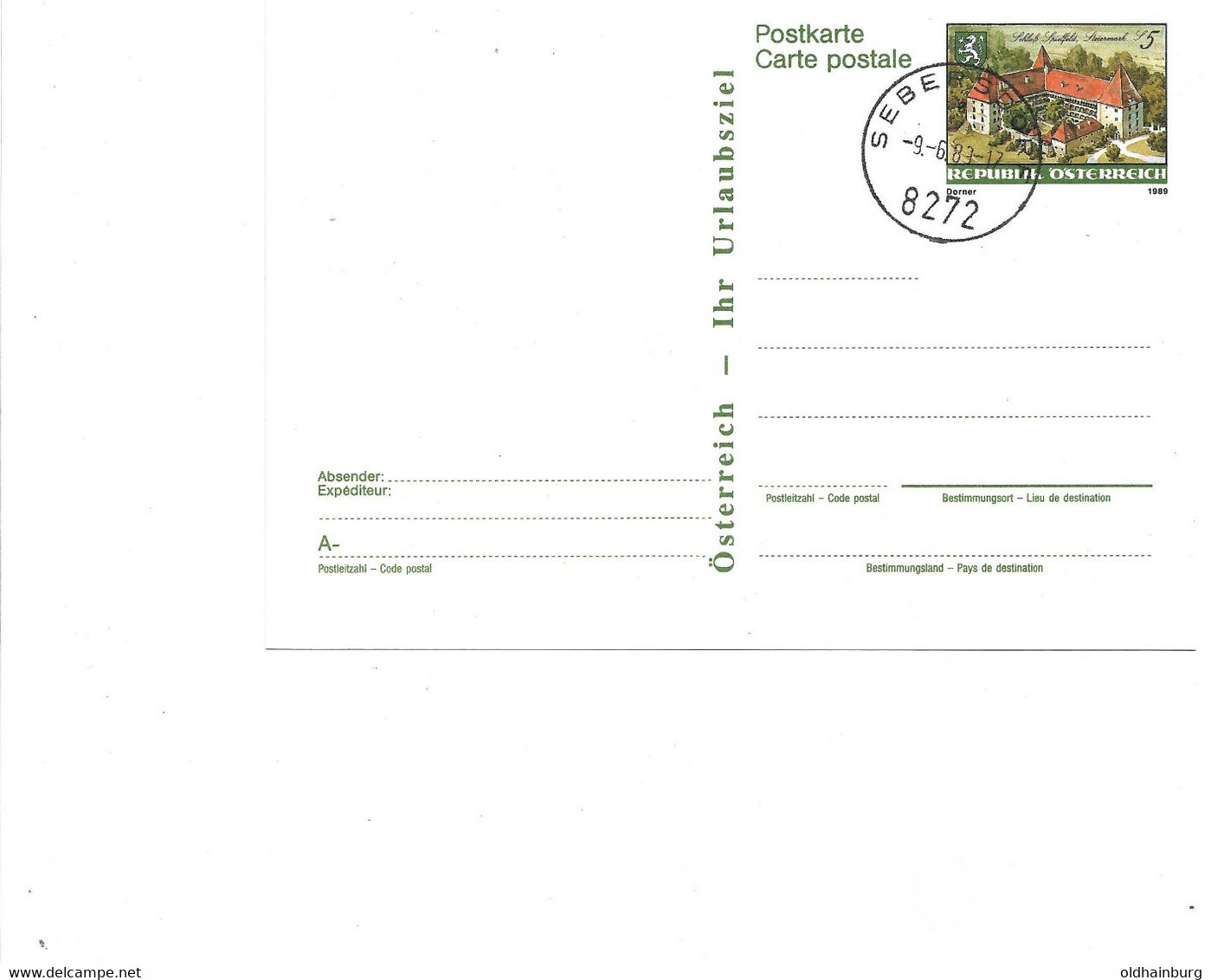 2162f: Österreich 1989: Postkarte ANK 394, Schloss Spielfeld, FDC- Stempel 8272 Sebersdorf (ANK 14.- €) - Leibnitz