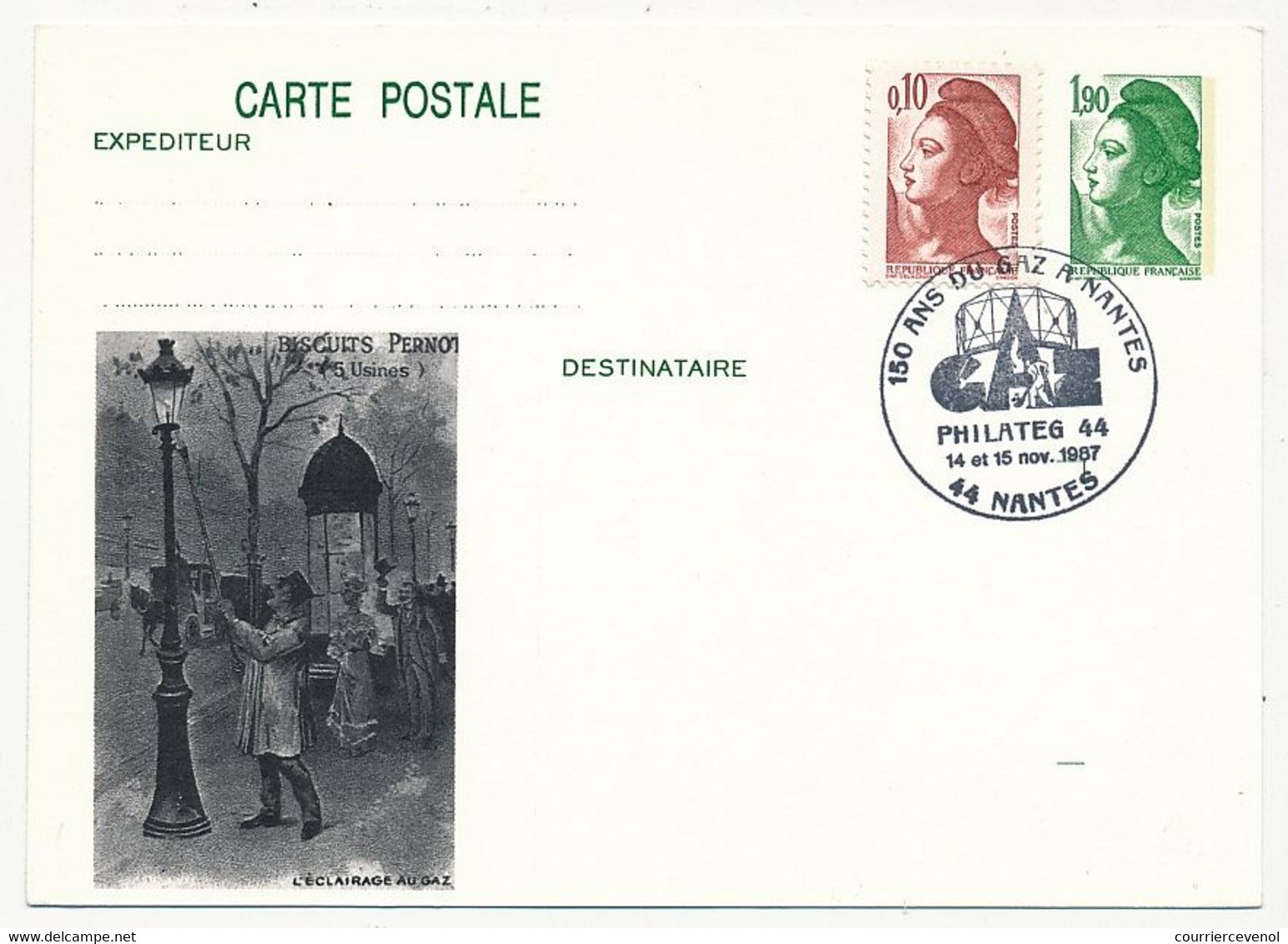 Entier Repiqué - 1,90 Liberté - 150 Ans Du Gaz à Nantes - 44 NANTES - 14/15 Novembre 1987 - Cartes Postales Repiquages (avant 1995)