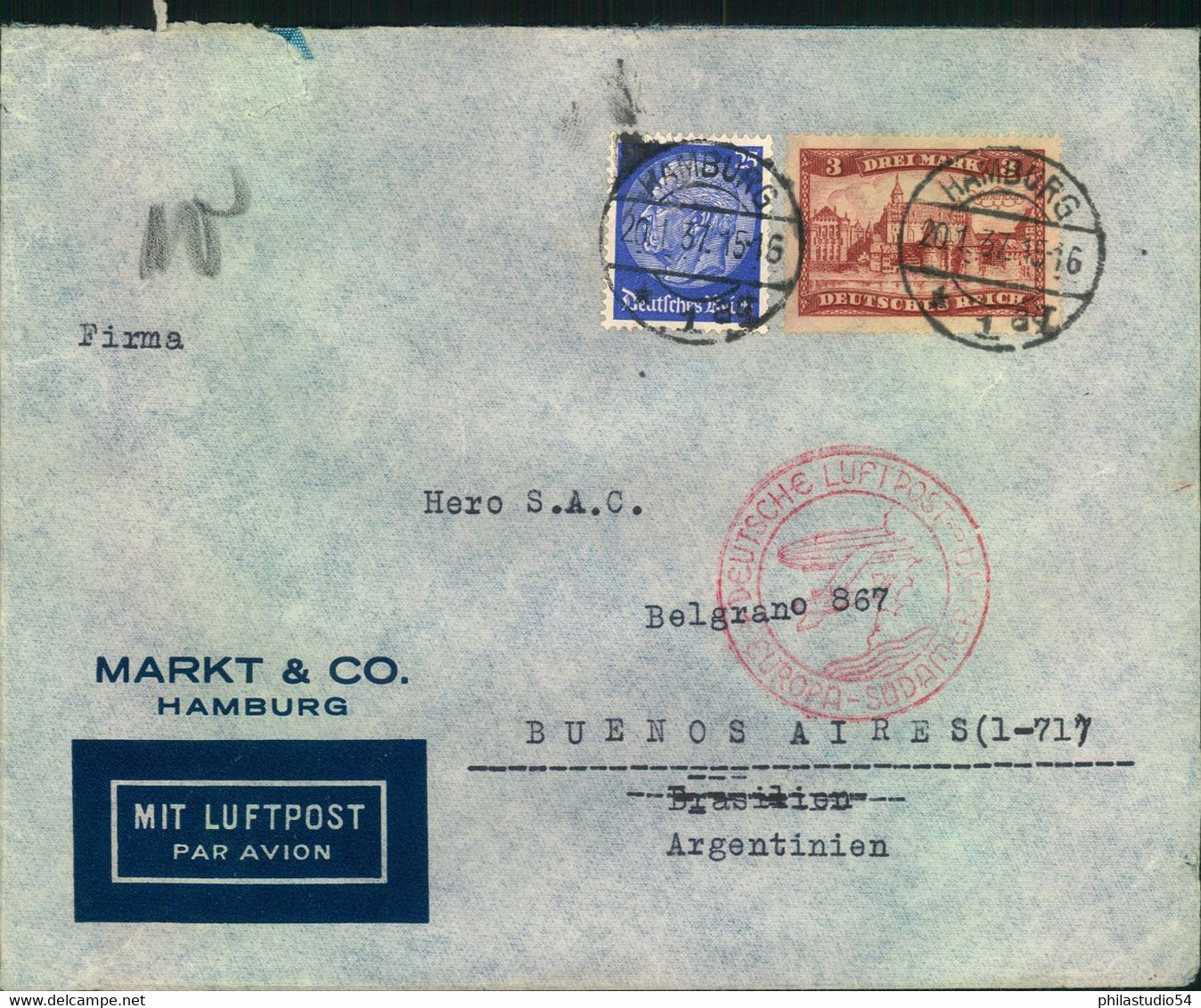 1937, Luftpostbrief Mit  Interessanter Frankatur Ab HAMBURG Nach Buenos Aires - Luft- Und Zeppelinpost