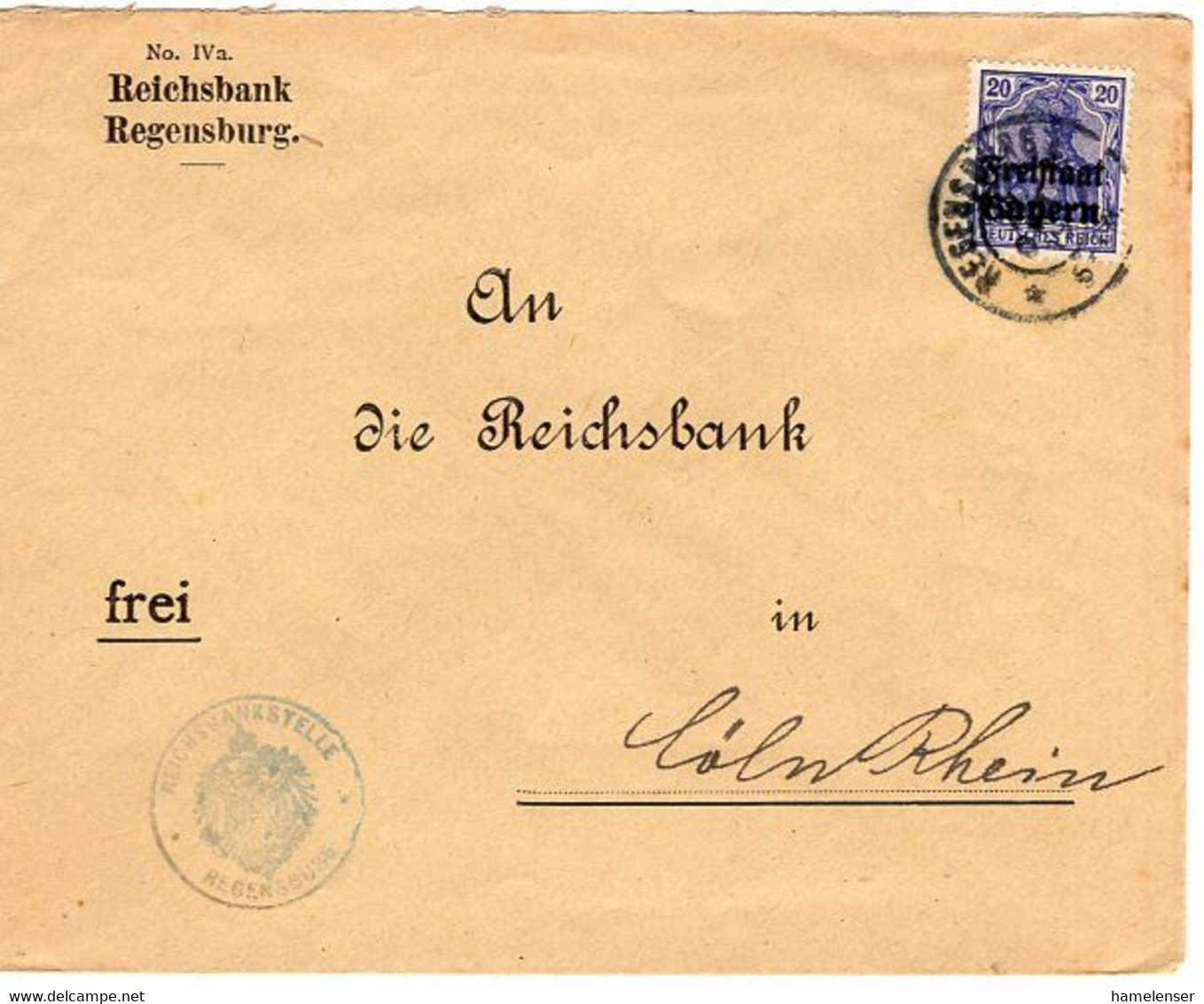 53577 - Altdeutschland / Bayern - 1919 - 20Pfg Germania Freistaat EF A Bf REGENSBURG -> Koeln - Covers & Documents