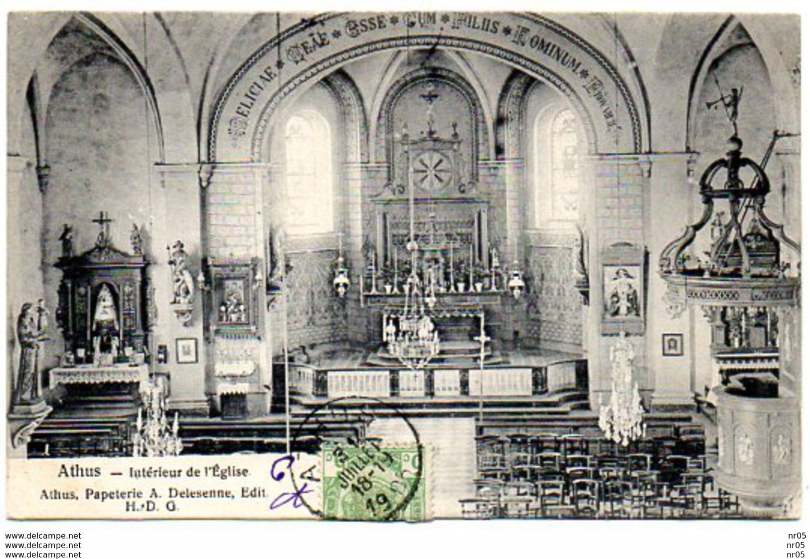 BELGIQUE - LUXEMBOURG - AUBANGE -  ATHUS - Interieur De L'Eglise ( Cachet Postal ATHUS 1906 Sur Timbre Plié ) - Aubange