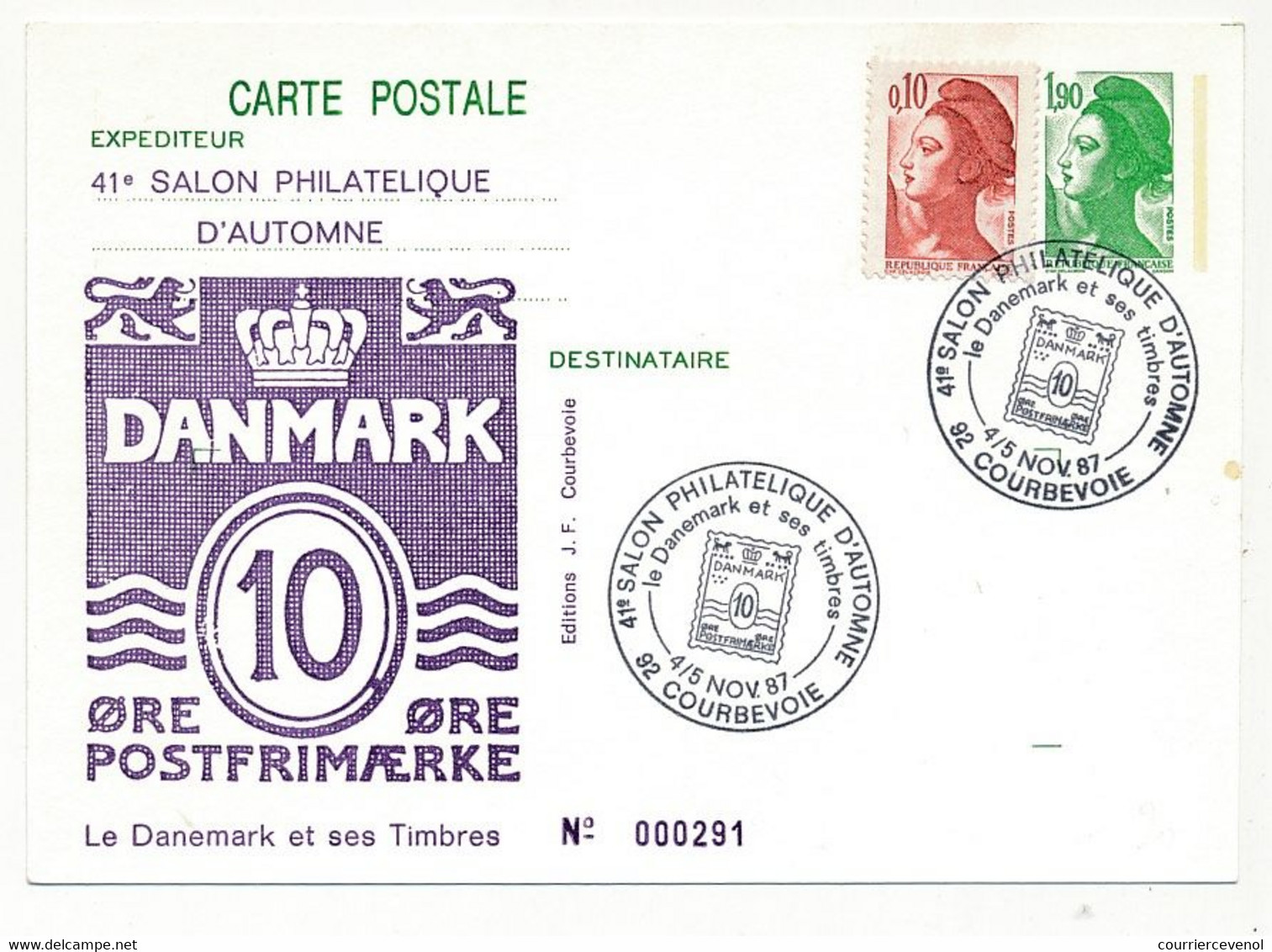 Entier Repiqué - 1,90 Liberté - Le Danemark Et Ses Timbres - Salon D'Automne - 92 COURBEVOIE - 4/5 Nov. 1987 - Overprinter Postcards (before 1995)