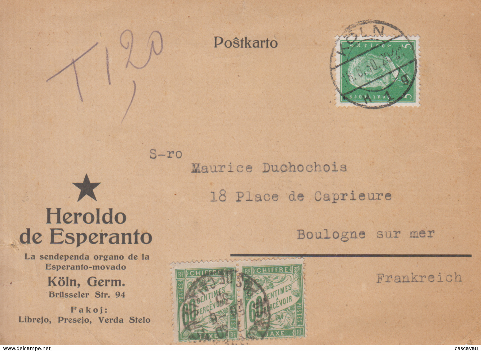 Carte   Taxée  ALLEMAGNE    Ecrit  En  ESPERANTO   KÖLN   1930 - Esperánto