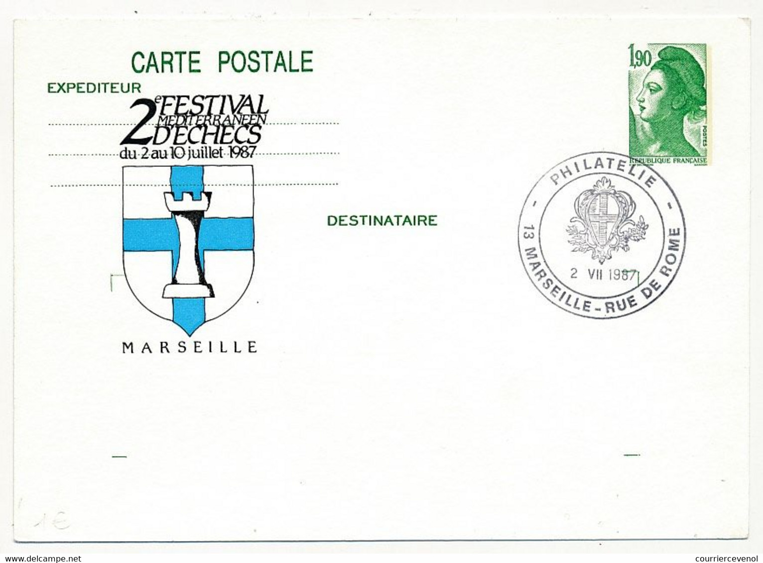 Entier Repiqué - CP 1,90 Liberté - 2eme Festival Méditerranéen D'Echecs MARSEILLE - Obl Point Philatélie - 2/7/1987 - Overprinter Postcards (before 1995)
