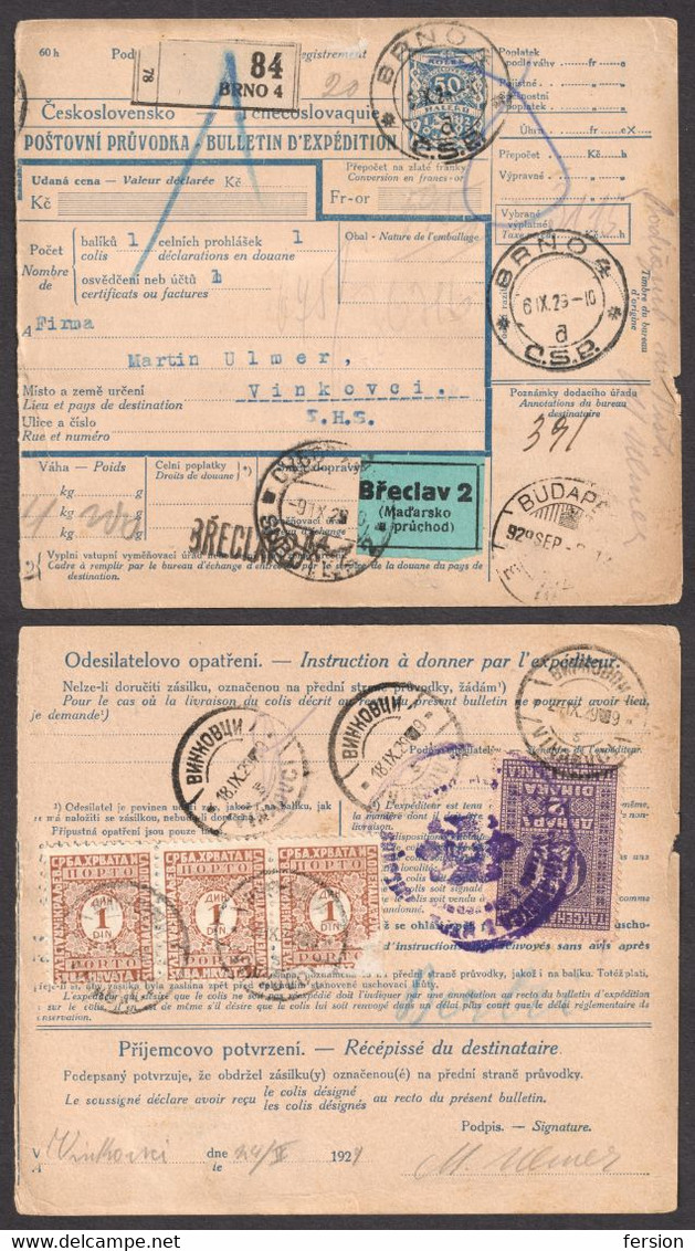 Břeclav Brno 1929 Vinkovci HUNGARY Czechoslovakia Yugoslavia REVENUE Customs Postmark PORTO DUE PARCEL POST Stationery - Ohne Zuordnung