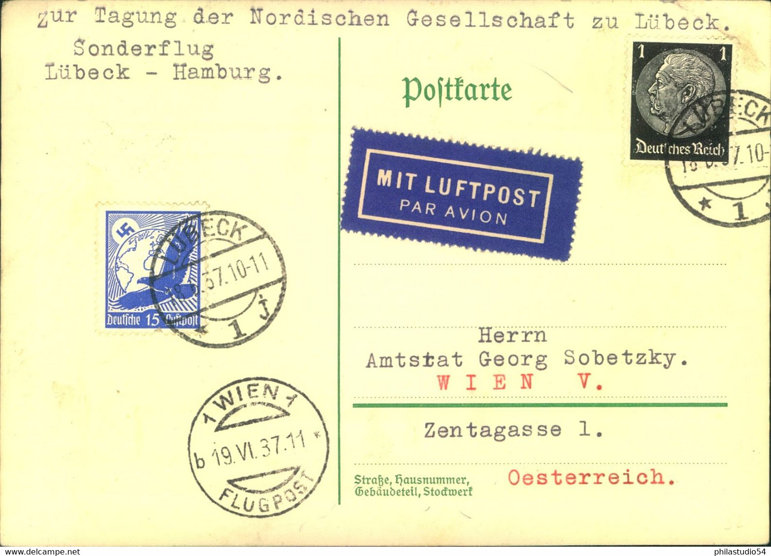 1938, Luftpostkarte Sonderflug „Lübeck . Hamburg“ Weiter Nach Wien - Andere & Zonder Classificatie