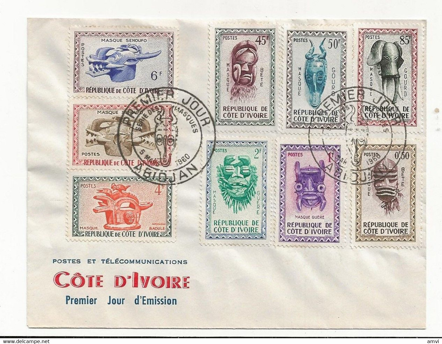 22-7-2227 Côte D'Ivoire Lettre Premier Jour Abidjan Le 5/3/1960 Série Complète N° 181 à 189 Sculptures Masques Ethniques - Briefe U. Dokumente