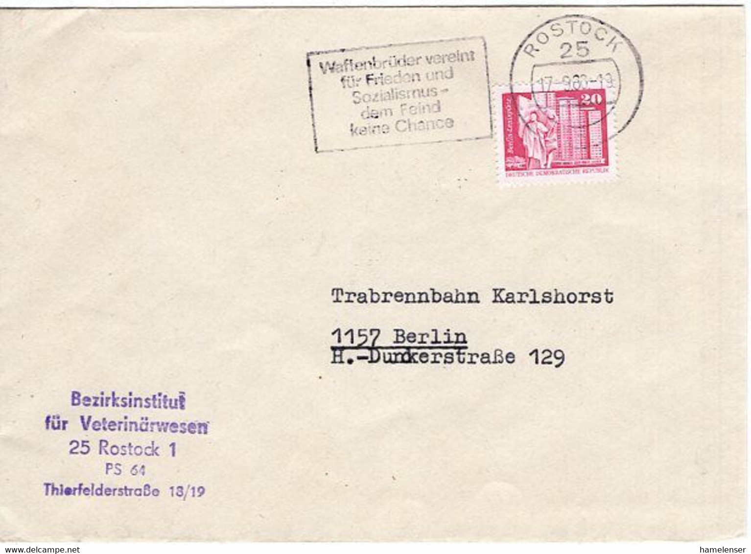 53582 - DDR - 1980 - 20Pfg Kl.Bauten EF A Bf ROSTOCK - WAFFENBRUEDER VEREINT ... -> Berlin - Lettres & Documents