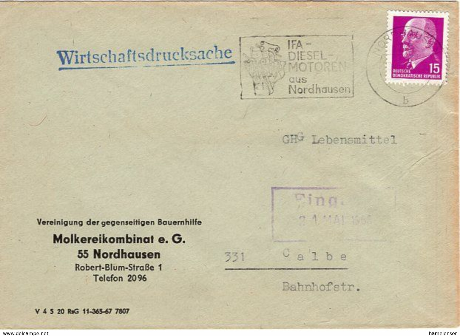 53583 - DDR - 1968 - 15Pfg Ulbricht EF A WirtschaftsdrucksBf NORDHAUSEN - IFA-DIESELMOTOREN ... -> Calbe - LKW