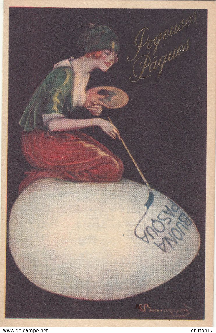 CPA   Illustrateur  BOMPARD    FEMME QUI PEINT SUR UN OEUF    JOYEUSES PAQUES - Bompard, S.