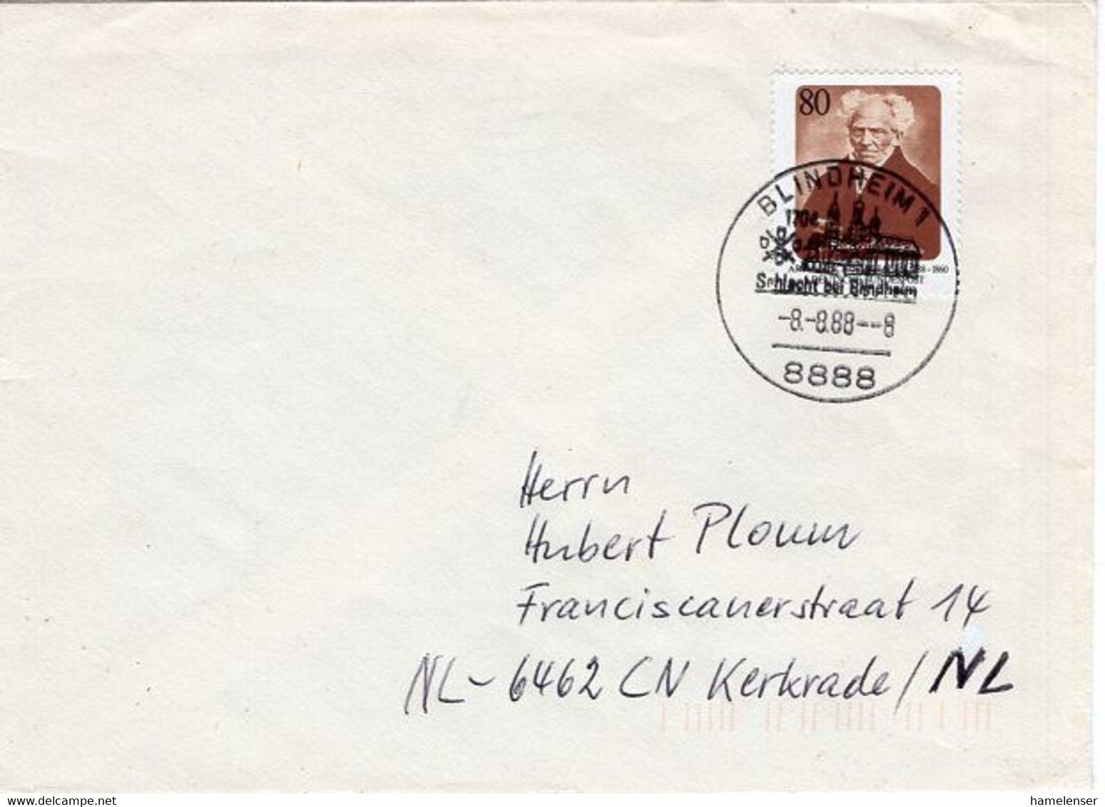 53594 - Bund - 1988 - 80Pfg Schopenhauer EF A Bf BLINDHEIM 8.8.88 -> Niederlande - Lettres & Documents