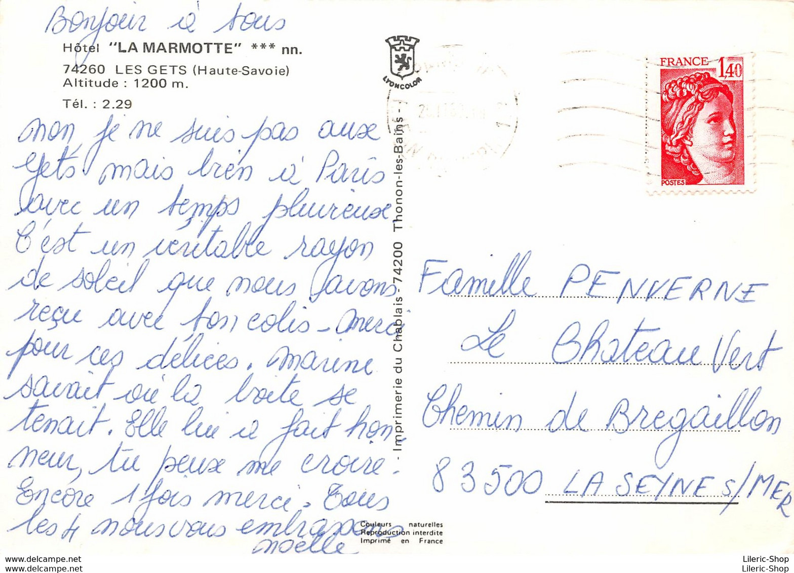 [74] LES GETS -HÖTEL "LA MARMOTTE"- IMPRIMERIE DU CHABLAIS, THONON - CPM GF 1980 ♦♦♦ - Les Gets