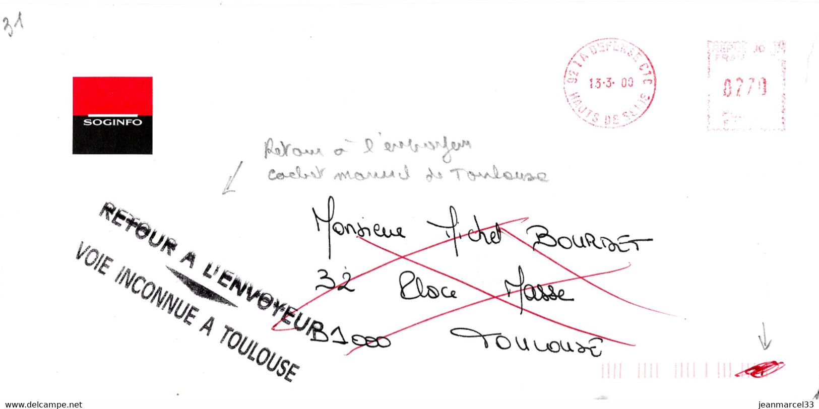 Griffe "Retour A L'Envoyeur ---Voie Inconnue A Toulouse" 13.3.00 Sur Enveloppe Commerciale Blanche - Lettres & Documents