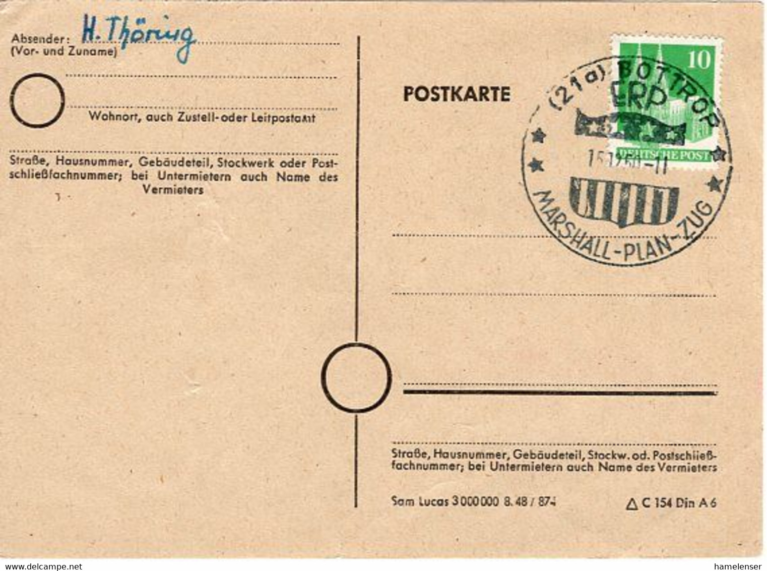 53602 - Bund - 1950 - 10Pfg Bauten EF A Kte BOTTROP - ERP MARSHALL-PLAN-ZUG - Sonstige & Ohne Zuordnung
