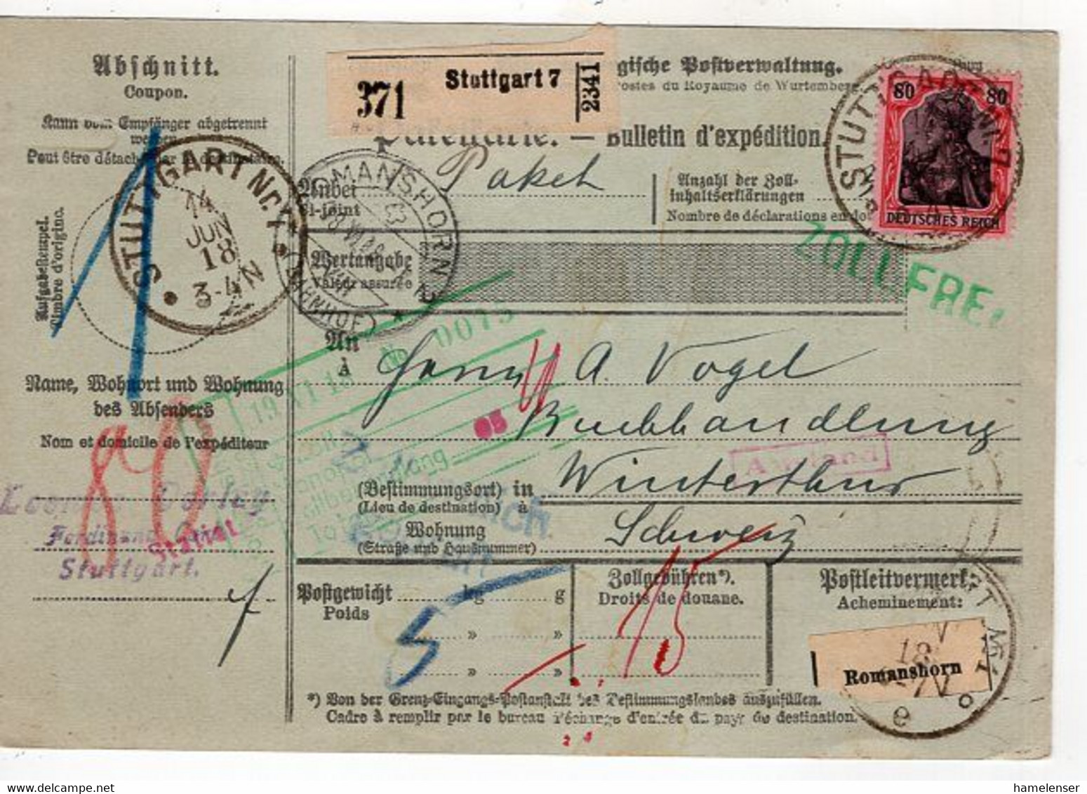 53609 - Deutsches Reich - 1918 - 80Pfg Germania Kriegsdruck EF A Paketkte STUTTGART -> WINTERTHUR (Schweiz) - Storia Postale