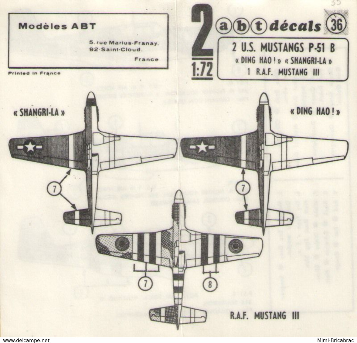 ABT722 Très Rare Décal Années 60/70 ABT : 1/72e 3 P-51 MUSTANG DING HAO + RAF  2 Décals + Photocopie De La Notice - Décals