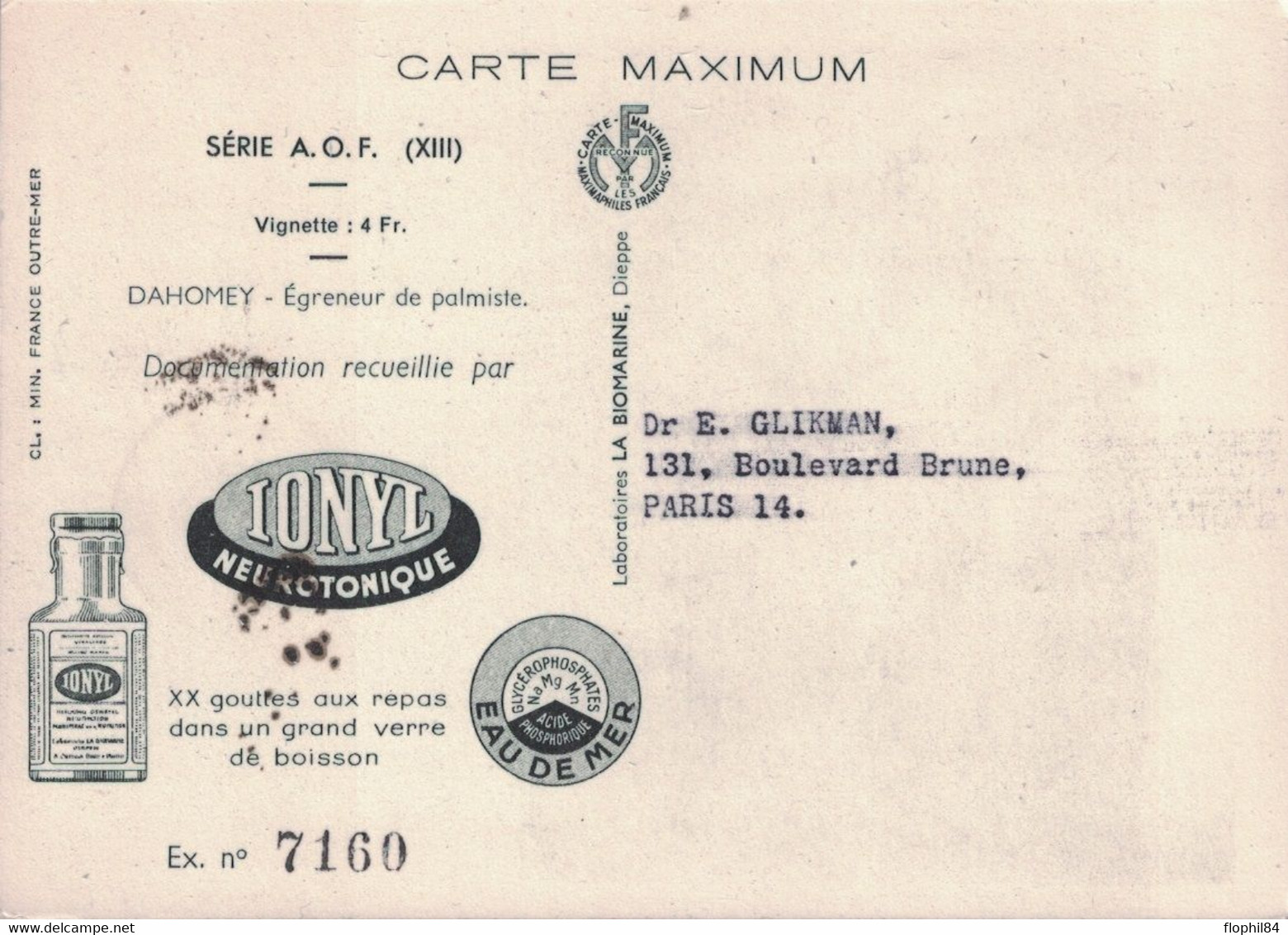 AOF - DAKAR -  MARINOL - PLASMARINE - IONYL - CARTE MAXIMUM - DAHOMEY - EGRENEUR DE PALMISTE. - Senegal (1960-...)