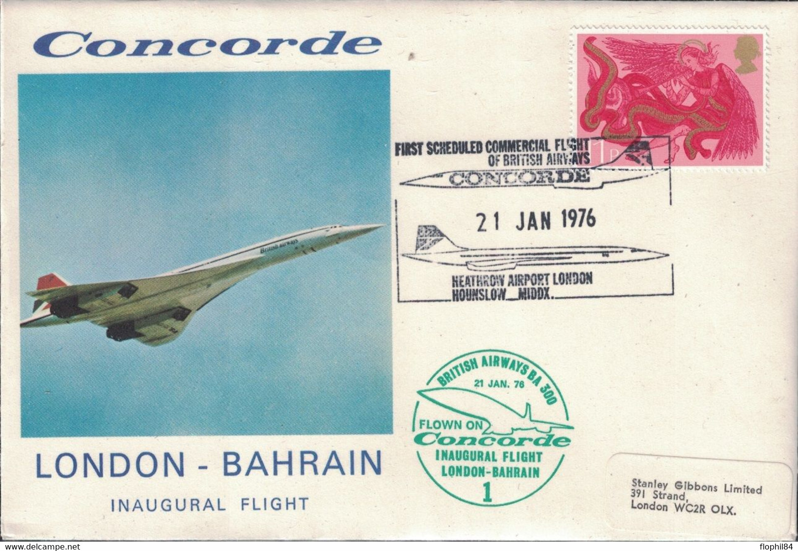 CONCORDE - VOL LONDON-BAHRAIN - 21 JANVIER 1976 - VOL INAUGURAL - CACHET EN ARRIVEE. - Marcofilie