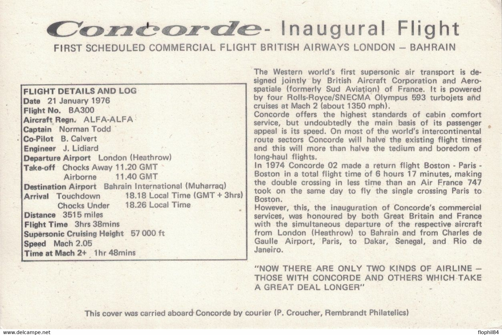 CONCORDE - VOL LONDON-BAHRAIN - 21 JANVIER 1976 - VOL INAUGURAL - CACHET EN ARRIVEE. - Marcofilie