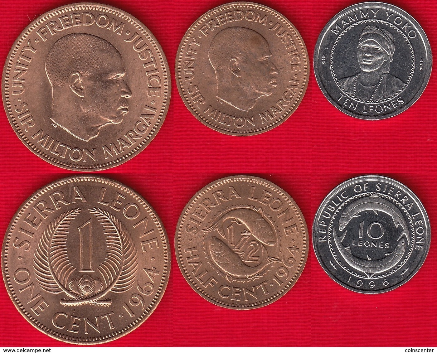 Sierra Leone Set Of 3 Coins: 1/2 Cent - 10 Leones 1964-1996 UNC - Sierra Leone