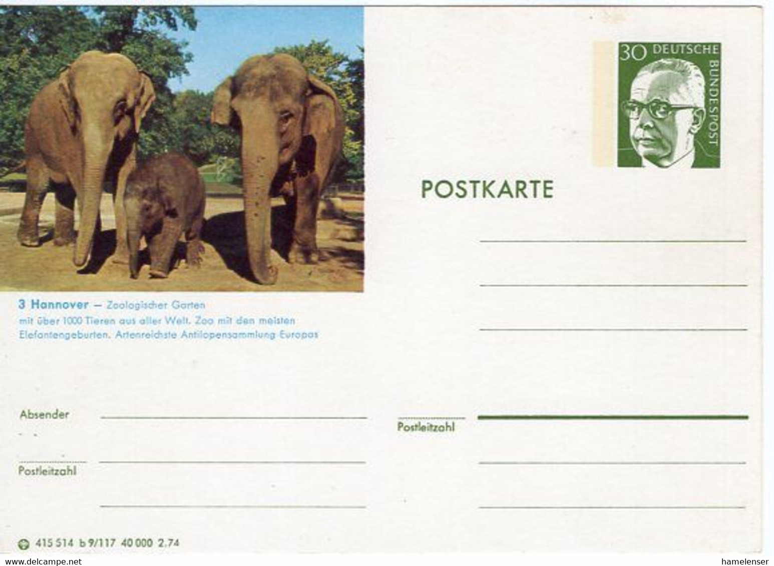 53613 - Bund - 1974 - 30Pfg Heinemann BildGAKte "Zoologischer Garten Hannover", Ungebraucht - Elefanten