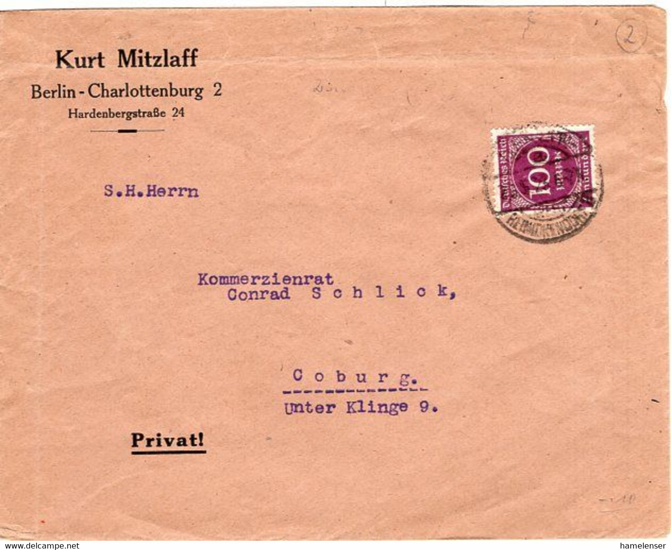 53629 - Deutsches Reich - 1923 - 100M EF A Bf BERLIN -> Coburg - Lettres & Documents