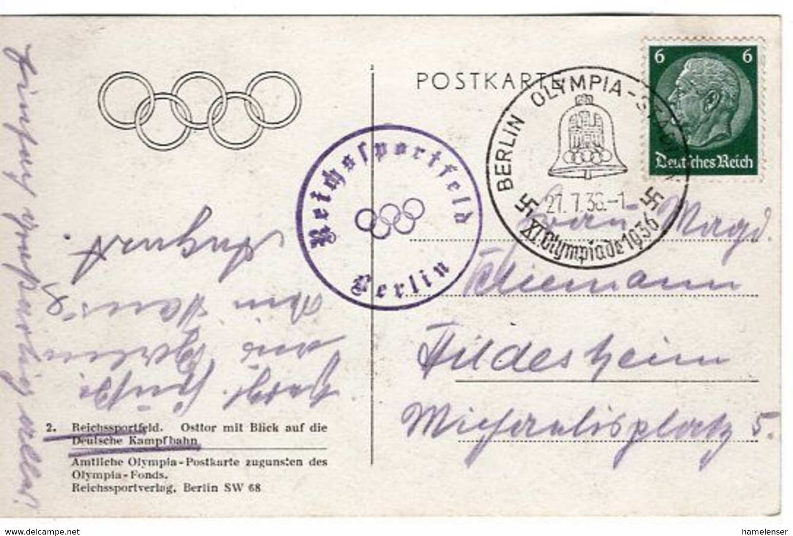 53696 - Deutsches Reich - 1936 - 6Pfg Hindenburg EF A AnsKte SoStpl BERLIN - OLYMPIA-STADION -> Hildesheim - Zomer 1936: Berlijn