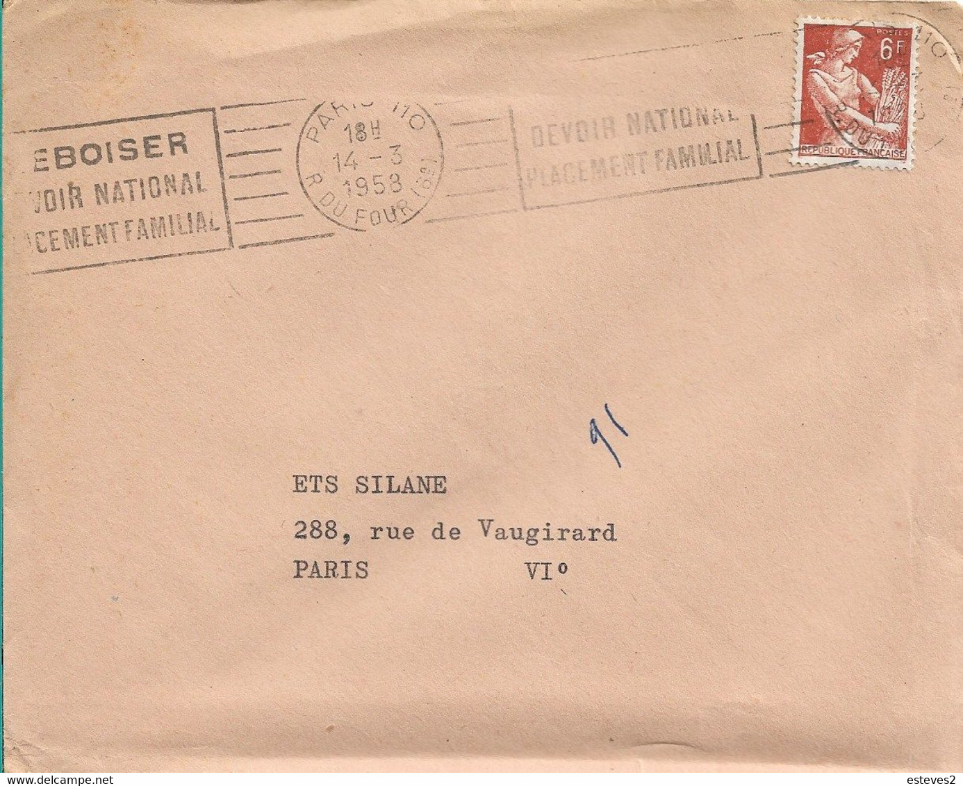 France , 1957 Reaper 6 F , Paris Rue Du Four Postmark , Ema - 1957-1959 Oogst