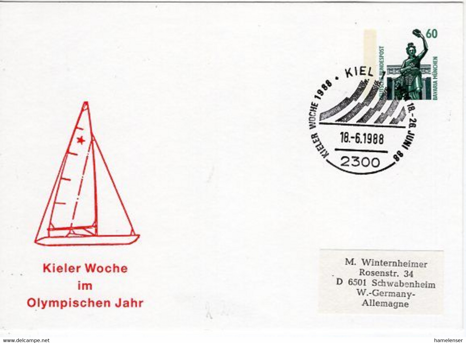 53704 - Bund - 1988 - 60Pfg SWK PGAKte "Kieler Woche" SoStpl KIEL - KIELER WOCHE -> Schwabenheim - Zeilen