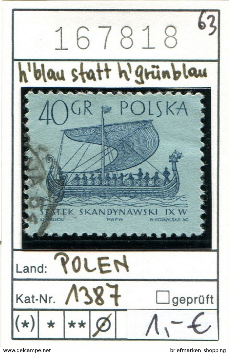 Polen 1963 - Poland 1963 - Pologne 1963 - Michel 1387 Hellblau Statt Hellgrünblau - Oo Oblit. Used Gebruikt - Abarten & Kuriositäten