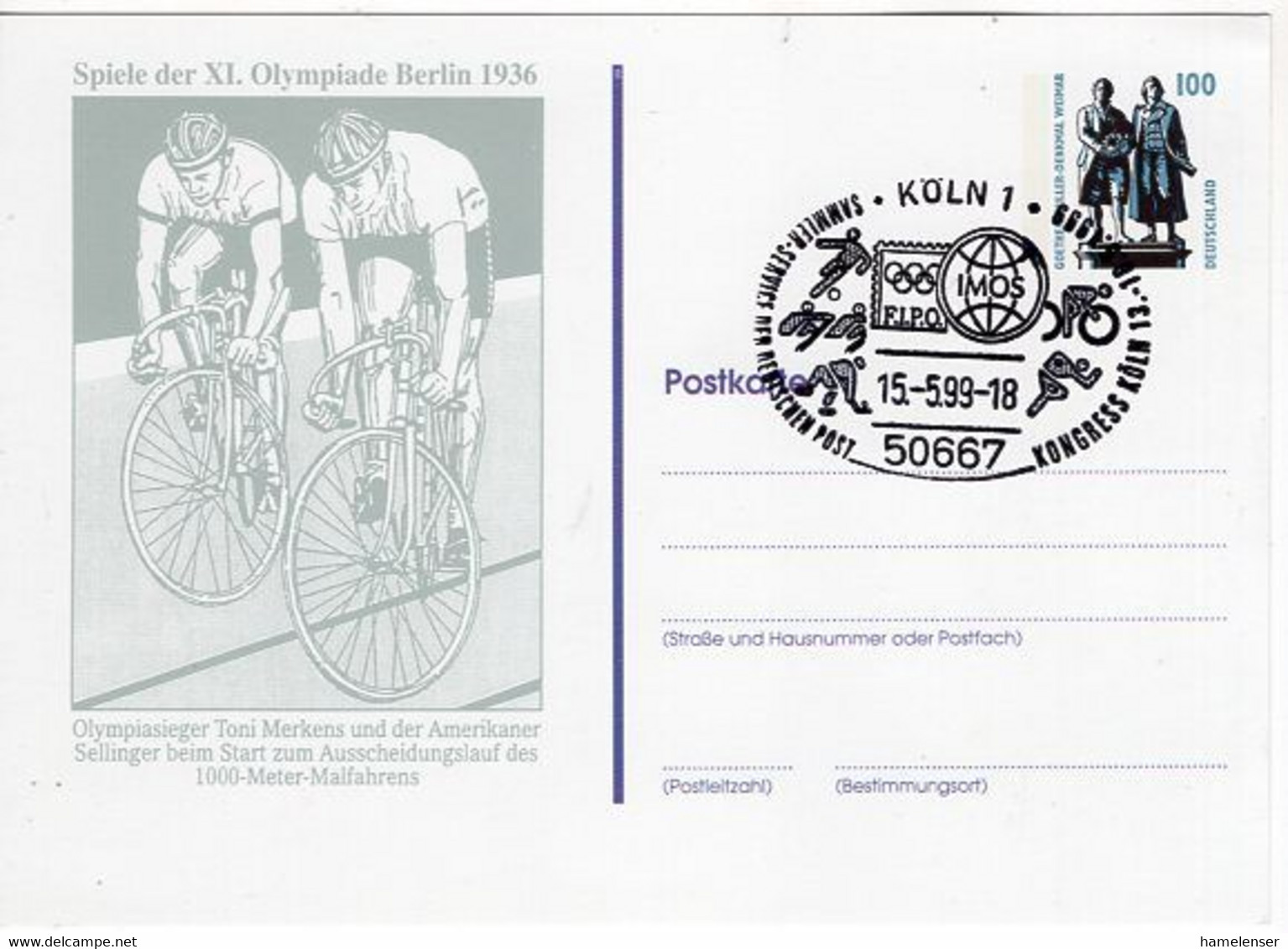 53708 - Bund - 1999 - 100Pfg PGAKte "Olympiade Berlin 1936" SoStpl KOELN - IMOS-KONGRESS ... - Verano 1936: Berlin