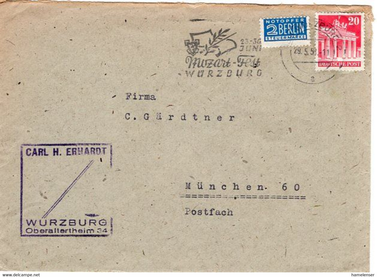 53709 - Bund - 1951 - 20Pfg Bauten EF A Bf WUERZBURG - ... MOZART-FEST ... -> Muenchen - Musica