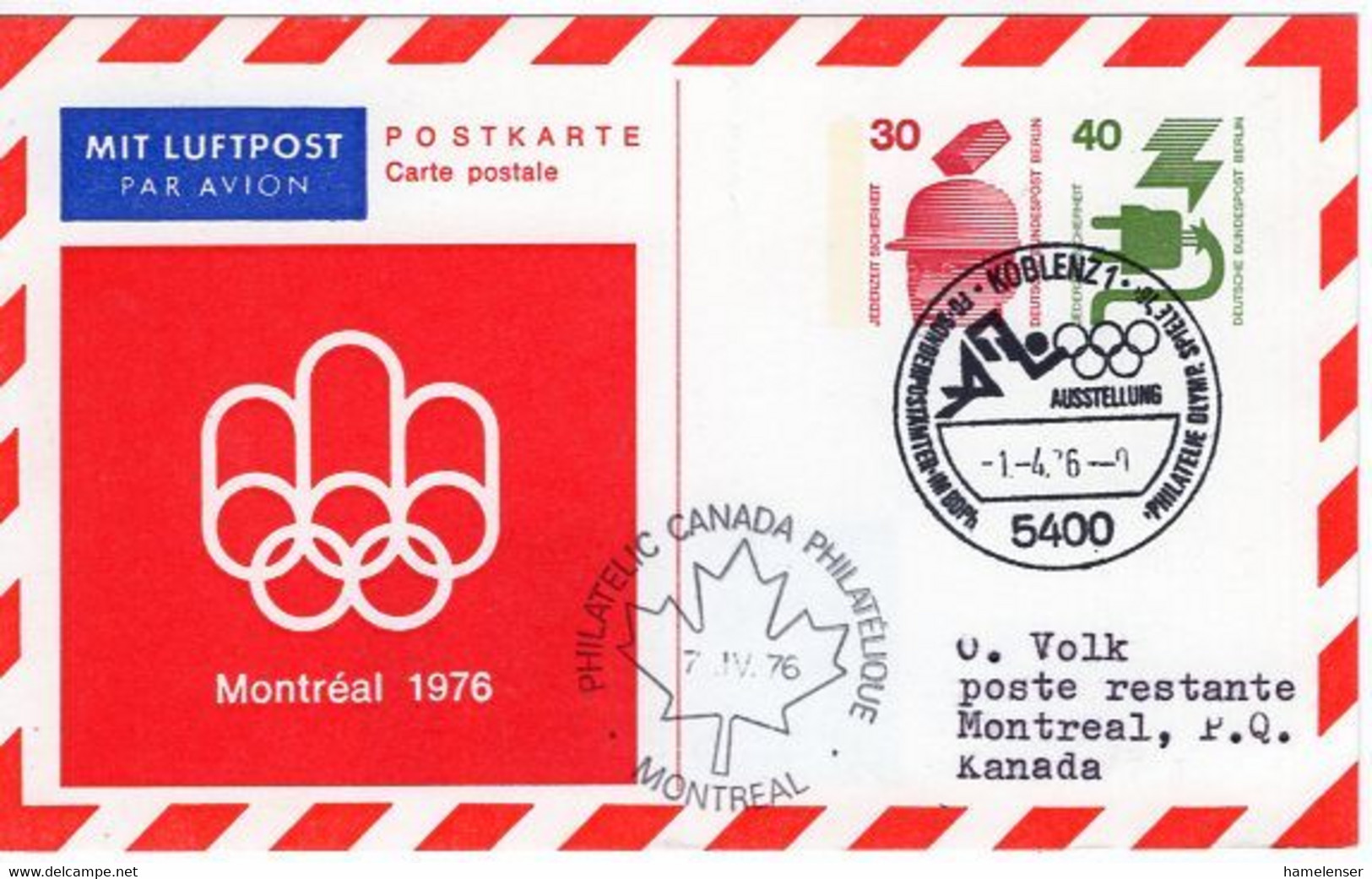 53717 - Berlin - 1976 - 30Pfg&40Pfg Unfall PGALpKte "Montreal 1976" SoStpl KOBLENZ - ... -> MONTREAL (Canada) - Summer 1976: Montreal
