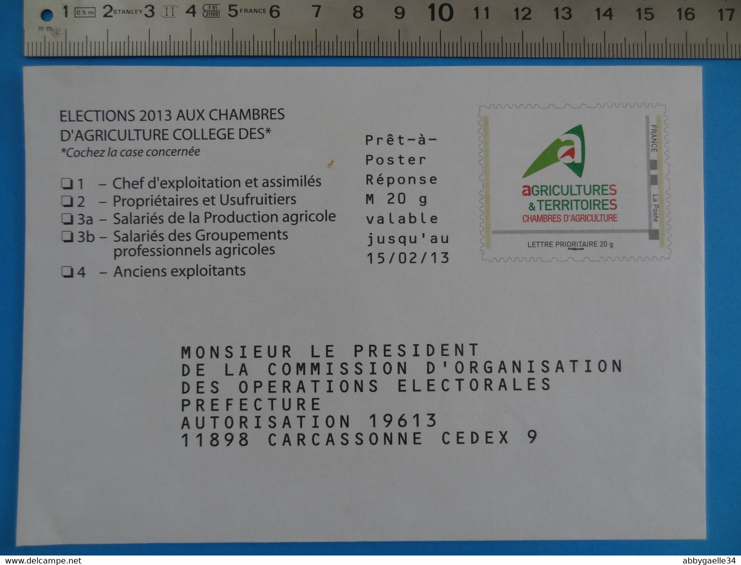 Prêt-à-Poster REPONSE Elections 2013 Aux Chambres D'Agricultures &Territoires Valable Jusqu'au 15/02/2013 - PAP: Antwort