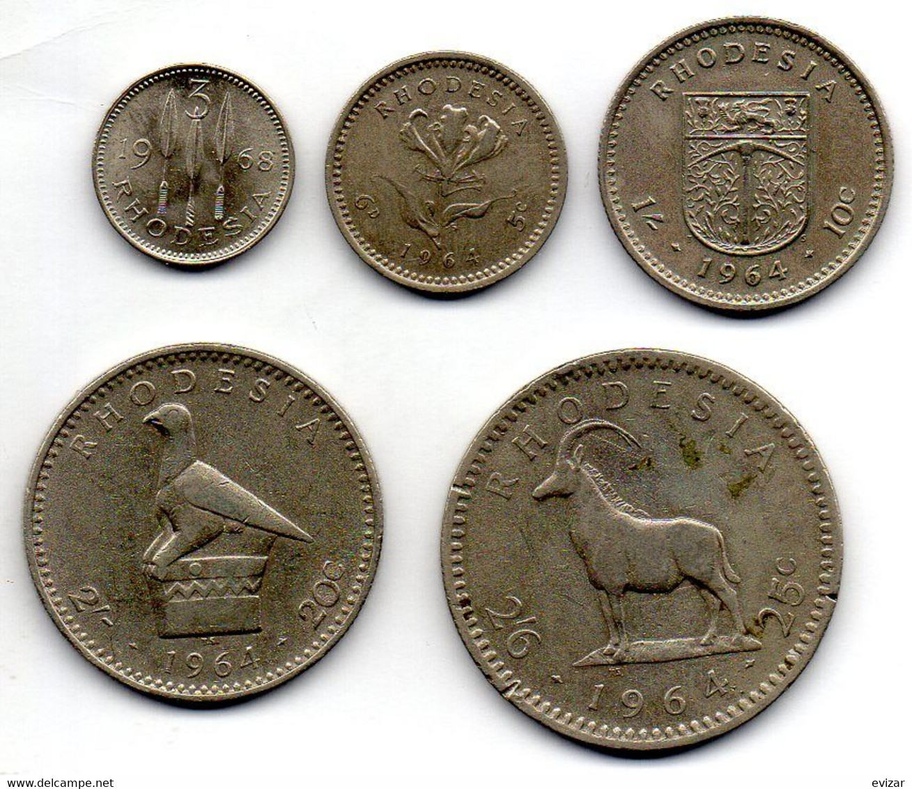 RHODESIA, Set Of Five Coins 3, 6 Pence, 1, 2, 2'6 Shillings, Copper-Nickel, Year 1964, 1968, KM # 8, 1, 2, 3, 4 - Rhodesia