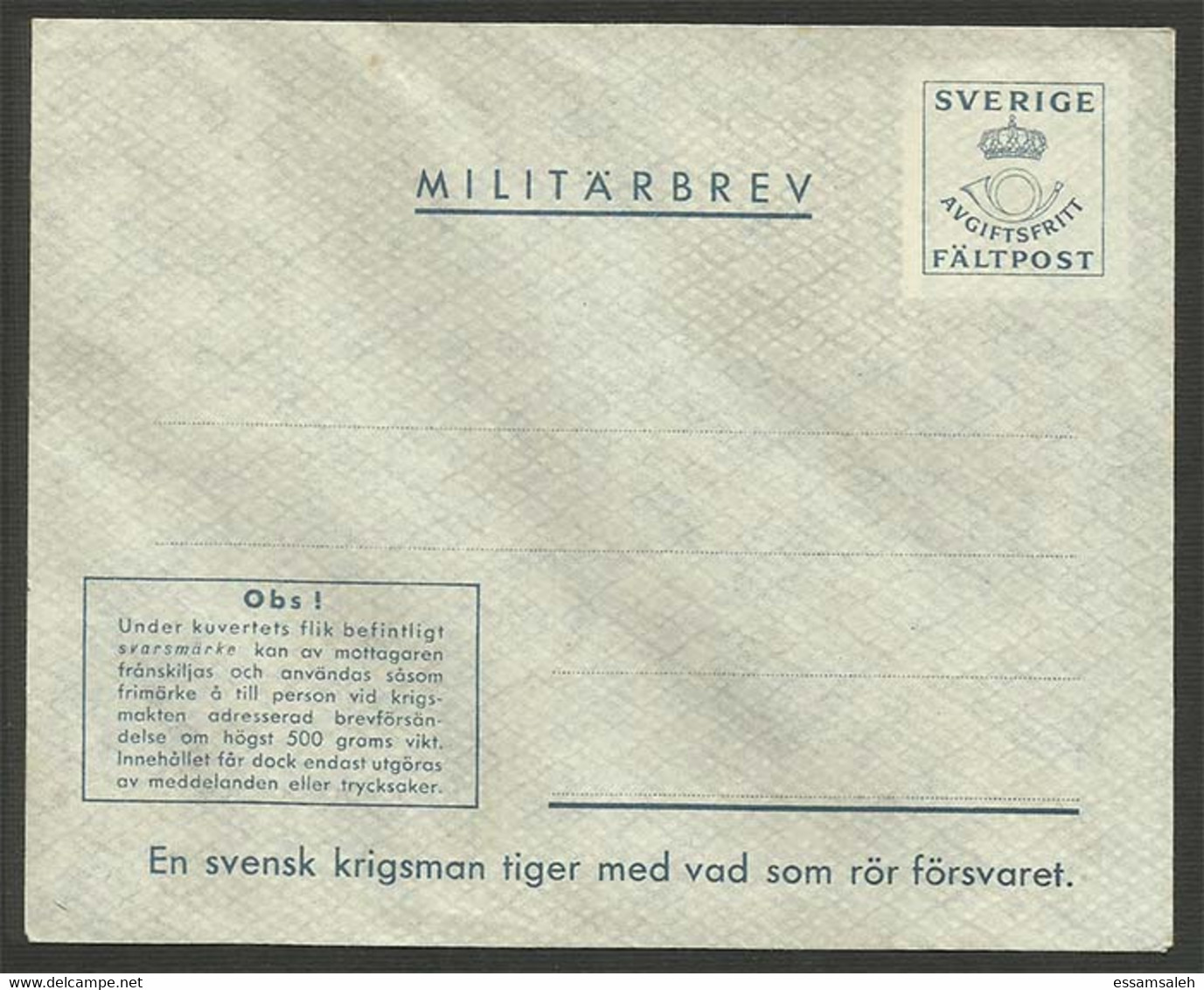 SES39001 Sweden 1939 Military Stationery Cover / Fieldpost Envelope / Unused - Militärmarken